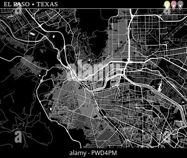 Simple map of El Paso, Texas, USA. Black and white version for clean backgrounds and prints. This map of El Paso contains three markers who are groupe Stock Vector