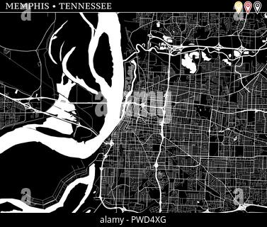 Simple map of Memphis, Tennessee, USA. Black and white version for clean backgrounds and prints. This map of Memphis contains three markers who are gr Stock Vector