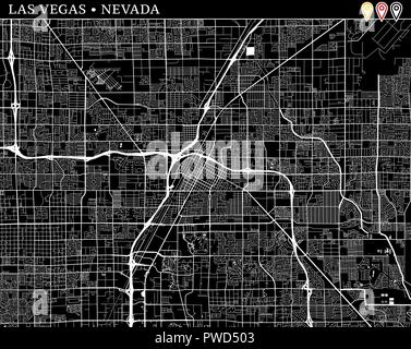 Simple map of Las Vegas, Nevada, USA. Black and white version for clean backgrounds and prints. This map of Las Vegas contains three markers who are g Stock Vector