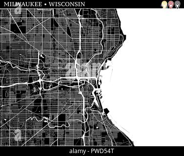 Simple map of Milwaukee, Wisconsin, USA. Black and white version for clean backgrounds and prints. This map of Milwaukee contains three markers who ar Stock Vector