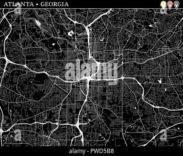 Simple map of Atlanta, Georgia, USA. Black and white version for clean backgrounds and prints. This map of Atlanta contains three markers who are grou Stock Vector