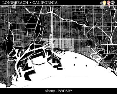 Simple map of Long Beach, California, USA. Black and white version for clean backgrounds and prints. This map of Long Beach contains three markers who Stock Vector