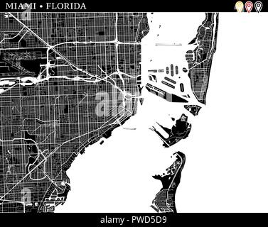 Simple map of Miami, Florida, USA. Black and white version for clean backgrounds and prints. This map of Miami contains three markers who are grouped  Stock Vector