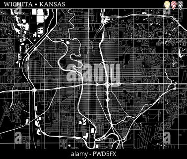 Simple map of Wichita, Kansas, USA. Black and white version for clean backgrounds and prints. This map of Wichita contains three markers who are group Stock Vector