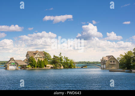 Thousan islands,Canada-august 4,2015:classic cottage on the banks of the St. Lawrence River in One thousen islands national park in Ontario during a s