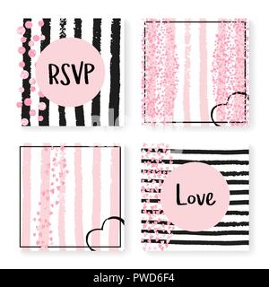 Wedding glitter confetti on stripes, invitation set Stock Vector