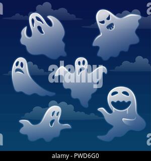 Set of ghosts with different emotions on sky with clouds Stock Vector