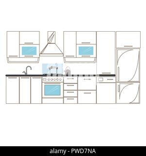 Kitchen interior sketches hand drawing front view. Contour vector illustration kitchen furniture and equipment. Cupboard, shelves, dishwasher, fridge. Stock Vector