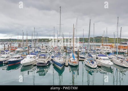 Sailing boats moored in the harbor of Falmouth, Cornwall, England. Stock Photo