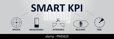 Smart KPI Concept Banner with Icons. Key Performance Indicator using Business Intelligence Metrics to Measure Achievement Stock Vector
