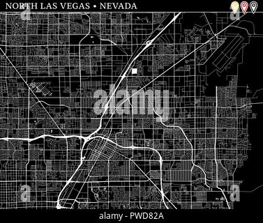 Simple map of North Las Vegas, Nevada, USA. Black and white version for clean backgrounds and prints. This map of North Las Vegas contains three marke Stock Vector