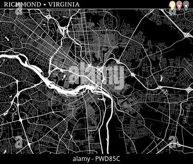 Simple map of Richmond, Virginia, USA. Black and white version for clean backgrounds and prints. This map of Richmond contains three markers who are g Stock Vector