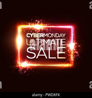 Cyber Monday ultimate sale text in neon shining rectangle sign on dark red background. Glowing electric led frame with explosions fireworks. Banner or flyer design template. Light vector illustration. Stock Vector