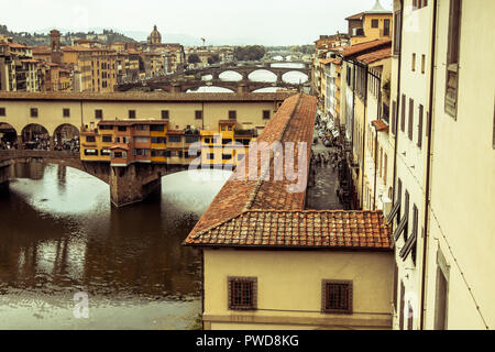 Ponte Vecchio from a window inside the Uffizi Gallery, Florence, Italy. Stock Photo