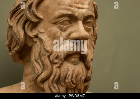 Portrait of a man on a herm known as Socrates is a bust on display in the Uffizi Gallery in Florence, Italy. Stock Photo