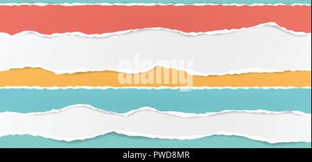 Set of white and colorful horizontal ripped paper strips, torn note paper for text or message on turquoise squared background Stock Vector