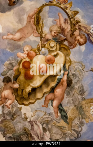 The ceilings of the Palazzo Pitti (Pitti Palace) are adorned with beautiful and ornate paintings, frescos, and carvings. Stock Photo