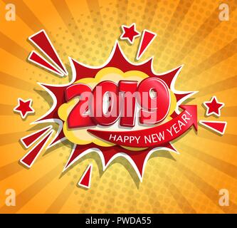 2019 New Year Comic Boom card in retro pop art style on sunburst background.Christmas comic text speech bubble.Halftone vector banner, greetings card, flyers, invitation, posters, brochure, calendars. Stock Vector