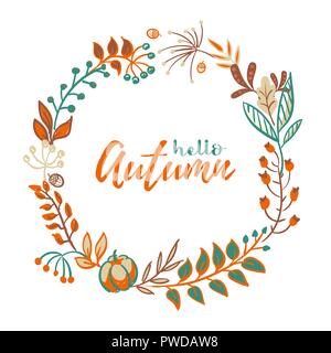 Vector wreath of autumn leaves and fruit in doodle style. Beautiful round wreath of yellow and red leaves, acorns, berries, cones and branches. Decor for invitations, greeting cards, posters. Stock Vector