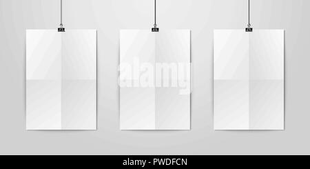 Poster mockup. Blank photo, picture paper frame template with holders and  ropes for portfolio, gallery and display. Empty white banners vector set.  Paper sheets hanging on binders on wall Stock Vector Image