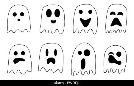 2018 Halloween black and white ghost with cute and funny faces. Stock Photo