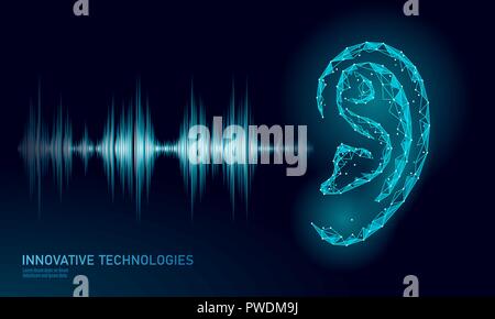 Sound recognition voice assistant low poly. Wireframe mesh polygonal 3D render ear sound radio wave innovative technology waveform. Audio equalizer digital computer concept vector illustration Stock Vector