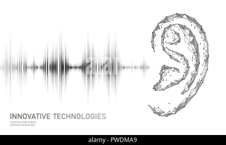 Sound recognition voice assistant low poly. Wireframe mesh polygonal 3D render ear sound radio wave innovative technology waveform. Audio equalizer digital computer concept vector illustration Stock Vector