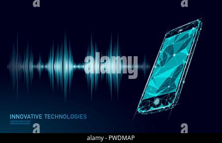 Sound recognition voice assistant low poly smartphone. Wireframe mesh polygonal 3D render sound innovative technology waveform. Audio equalizer digital computer concept vector illustration Stock Vector