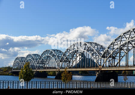 Railway bridge, Riga, Latvia, over the Daugava river Stock Photo