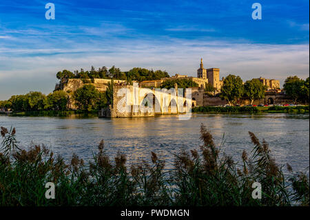 France. Vaucluse (84). Avignon. Pont Saint-Bénézet, commonly called Pont d'Avignon, built from 1177 to 1185 on the Rhone. Stock Photo