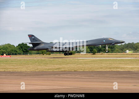 Rockwell B-1B Lancer Military Strategic Bomber arrives at RAF Fairford airbase in the English Cotswolds to participate at the RIAT Stock Photo