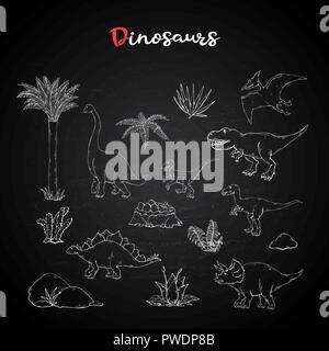 Dinosaurs set,collection with plant on chalk blackboard. Stock Vector