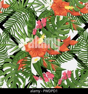 Vector seamless flowers pattern with tropical plants Stock Vector