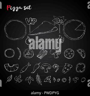 Vector pizza set,collection on a chalkboard. Pizza ingredient Stock Vector