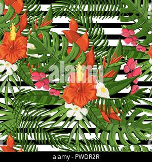 Vector plant seamless pattern with hibiscus,palm branch,monstera green leaves,flowers Stock Vector