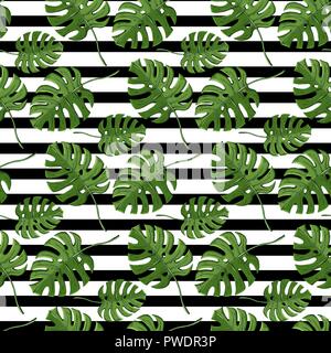 Leaves plant monstera seamless pattern on a striped black Stock Vector