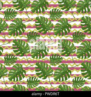 Vector monstera plant seamless pattern on a striped background. Stock Vector