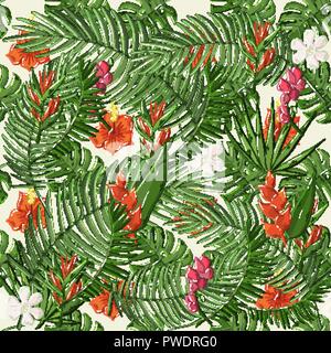 Vector plant seamless pattern with hibiscus,palm branch Stock Vector