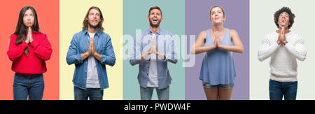 Composition of african american, hispanic and chinese group of people over vintage color background begging and praying with hands together with hope  Stock Photo