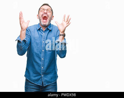 Middle age hoary senior man wearing glasses over isolated background celebrating crazy and amazed for success with arms raised and open eyes screaming Stock Photo