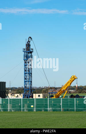 Blackpool. 16th. October 2018: Cuadrilla finally start fracking at their Preston New Road site after 7 years. Legal challenges and protests have contiually delayed Cuadrilla commencing their exploratory shale gas fracking tests  at the site. Protests were carried out today as the anti-fracking protesters vow to continue to campaign to get fracking stopped in Britain. Several protesters locked on devices causing Preston New Road to be closed to traffic for part of the day. Credit: Dave Ellison/Alamy Live News Stock Photo