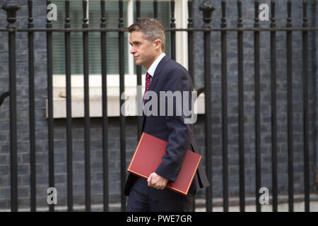 London,UK,16th October 2018,Secretary of State for Defence The Rt Hon Gavin Williamson CBE MP arrives for the Cabinet meeting in 10 Downing Street, ahead of a crunch Brussels Summit tomorrow. Theresa May will deliver an appeal to break deadlock at the summit. Top ministers met late last night In Andrea Leadsom’s office while eating Pizza to discuss details further.Credit: Keith Larby/Alamy Live News Stock Photo