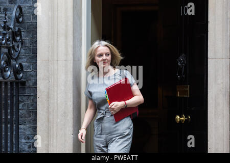London, UK. 16th October, 2018. Liz Truss MP, Chief Secretary to the Treasury, leaves 10 Downing Street following a Cabinet meeting during which Prime Minister Theresa May was expected to seek Cabinet support for asking EU leaders to drop their Irish backstop proposal at a European dinner the following evening. Credit: Mark Kerrison/Alamy Live News Stock Photo