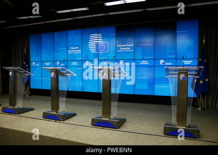 A press podium in EU council offices during a briefing on Oct. 16, 2018 in Brussels, Belgium Stock Photo