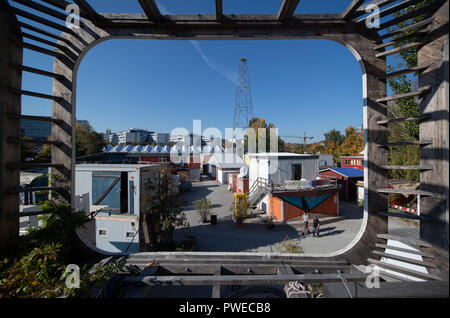 16 October 2018, Baden-Wuerttemberg, Stuttgart: 16 October 2018, Germany, Stuttgart: Containers are located in the 'Container City' of the Kunstverein Wagenhalle e.V. on a site near the Nordbahnhof railway station. The award-winning Stuttgart Opera and Ballet will move near the Nordbahnhof station during the planned renovation of the Opera House. A task force of the city had located a suitable construction site at the wagon halls, which also included the area of the Container City. Photo: Marijan Murat/dpa Stock Photo