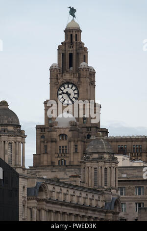 Liverpool waterfront buildings with Cunard building in foreground and Liver Building behind it. Stock Photo