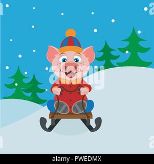 Pig riding on a sled. Year of the pig vector illustration. Symbol of 2019. Stock Vector