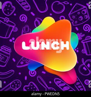 Colorful gradient flyer for cafe on bright and glossy background with lunch quote. Linear doodle illustration of food. Composition of multi-colored gradients and abstract shapes. Stock Vector