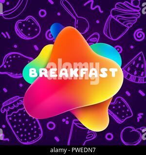 Colorful gradient flyer for cafe on bright and glossy background with breakfast quote. Linear doodle illustration of food. Composition of multi-colored gradients and abstract shapes. Stock Vector