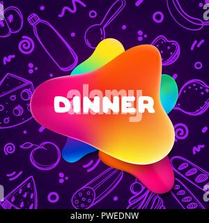 Colorful gradient flyer for cafe on bright and glossy background with dinner quote. Linear doodle illustration of food. Composition of multi-colored gradients and abstract shapes. Stock Vector